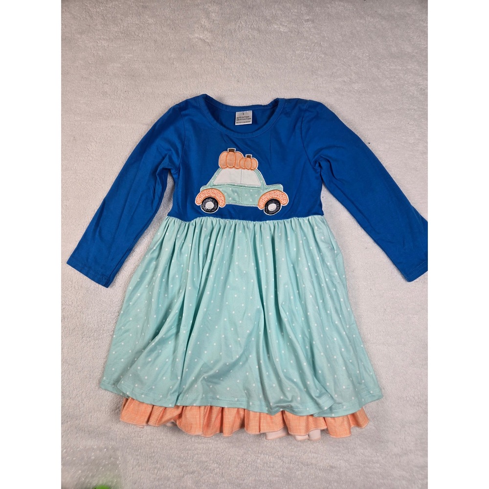 Girls Fall Pumpkin Car Applique Ruffle Dress Blue Gingham Polka Dot Size 5